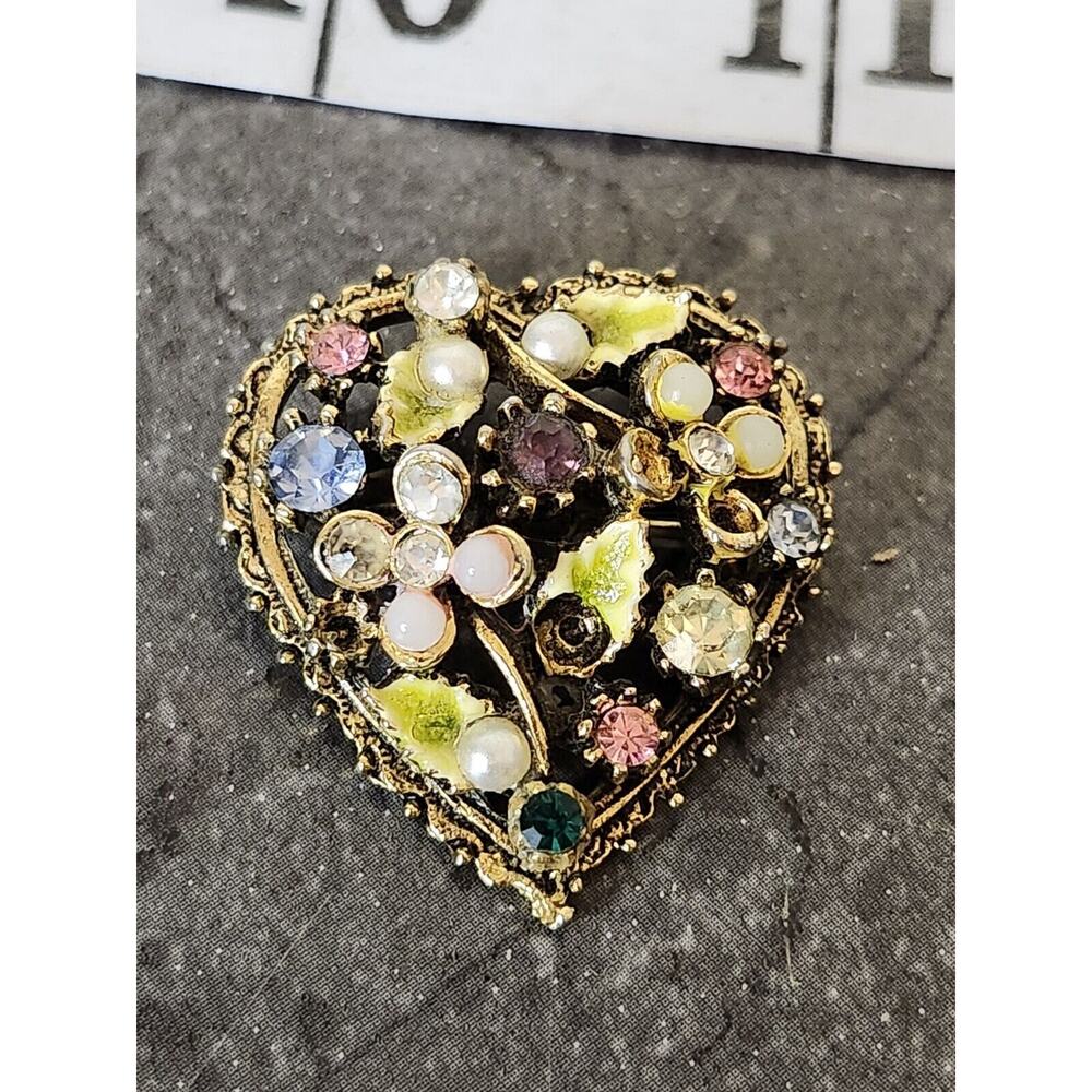 Vintage Brooch RHINESTONE FAUX PEARL FLORAL FILIGREE HEART PIN By ART Signed